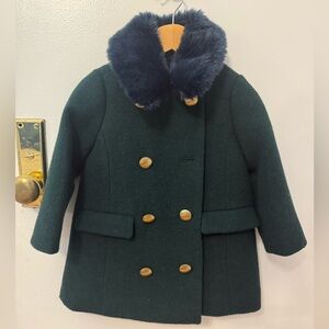 Crewcuts Kids Double-Breasted Green Coat with Faux Fur Collar